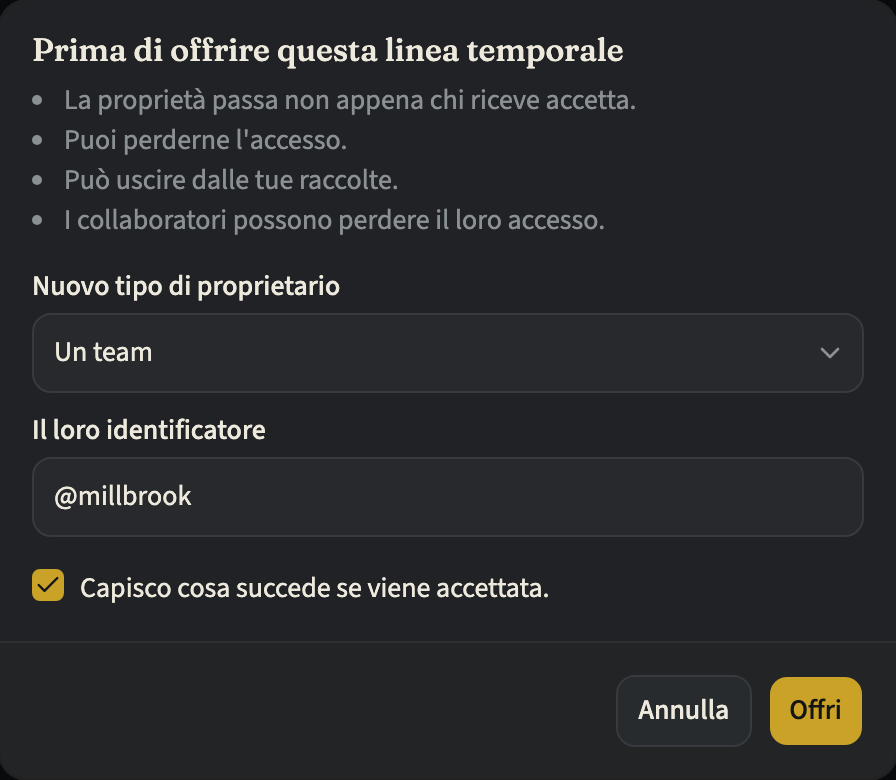 La finestra «Trasferire la proprietà» con ciò che succede quando offri la linea temporale, «Un team» scelto come nuovo tipo di proprietario, l'identificatore del team inserito, la casella di conferma spuntata e i pulsanti «Annulla» e «Offri»