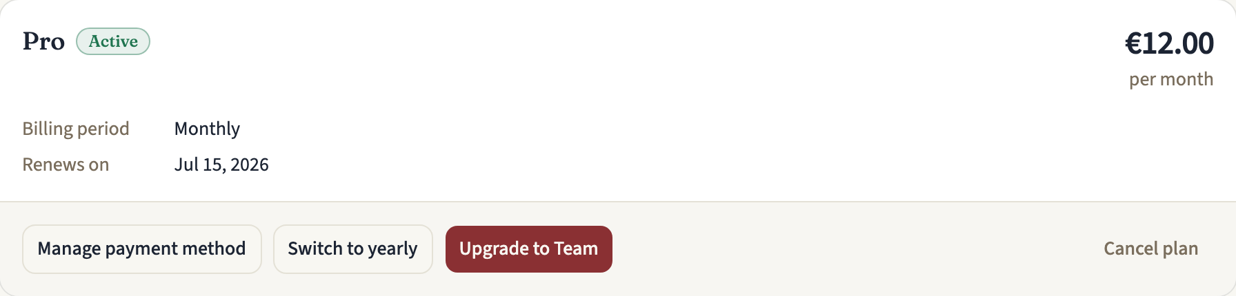 The plan card for an active monthly Pro plan, with its price, billing period and renewal date, and the Manage payment method, Switch to yearly, Upgrade to Team and Cancel plan buttons