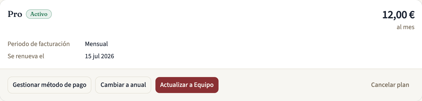 La tarjeta de un plan Pro mensual activo, con su precio, el periodo de facturación y la fecha de renovación, y los botones Gestionar método de pago, Cambiar a anual, Actualizar a Equipo y Cancelar plan