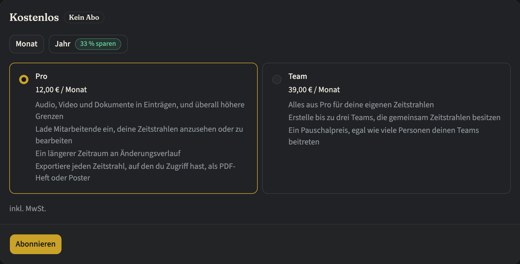 Die Abo-Karte unter „Abo und Abrechnung“ für ein Konto im kostenlosen Abo, mit „Monat“ und „Jahr“ zur Wahl, Pro und Team jeweils mit Monatspreis und Leistungen, und dem Button „Abonnieren“