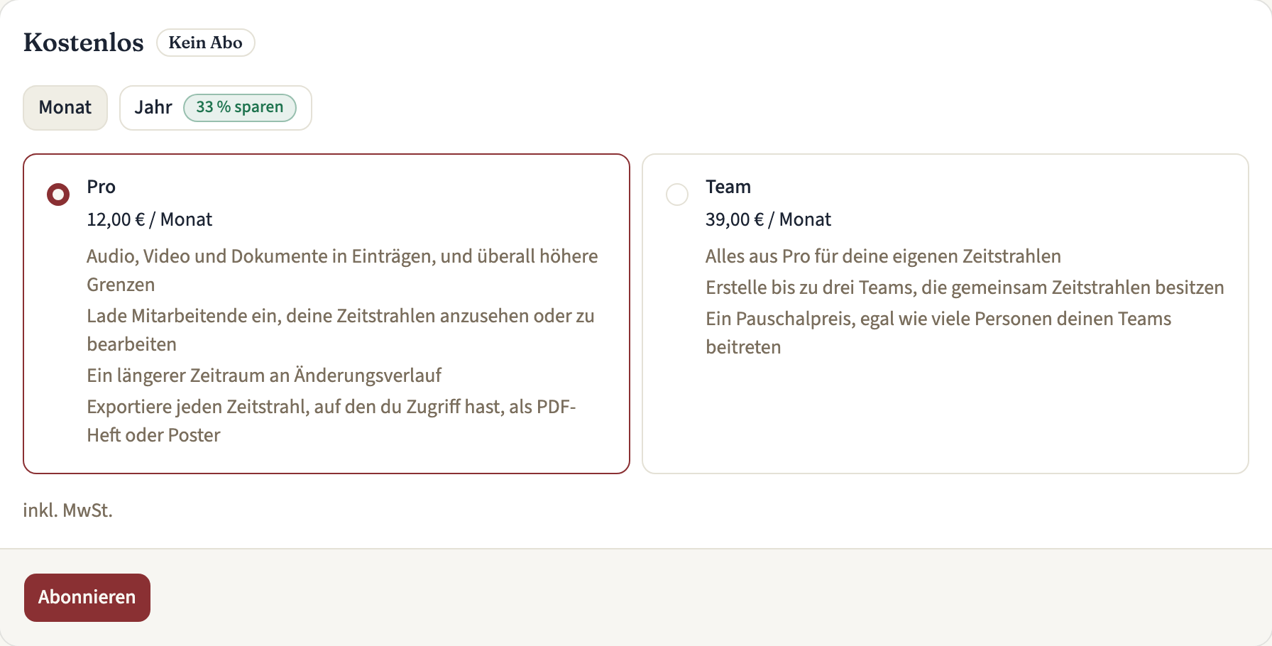 Die Abo-Karte unter „Abo und Abrechnung“ für ein Konto im kostenlosen Abo, mit „Monat“ und „Jahr“ zur Wahl, Pro und Team jeweils mit Monatspreis und Leistungen, und dem Button „Abonnieren“