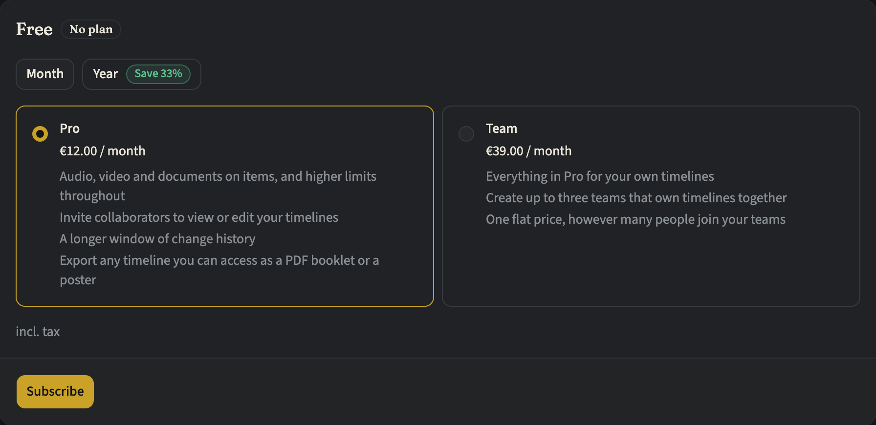 The plan card on Plan and billing for an account on Free, with Month and Year to choose from, Pro and Team each with its monthly price and what it includes, and a Subscribe button