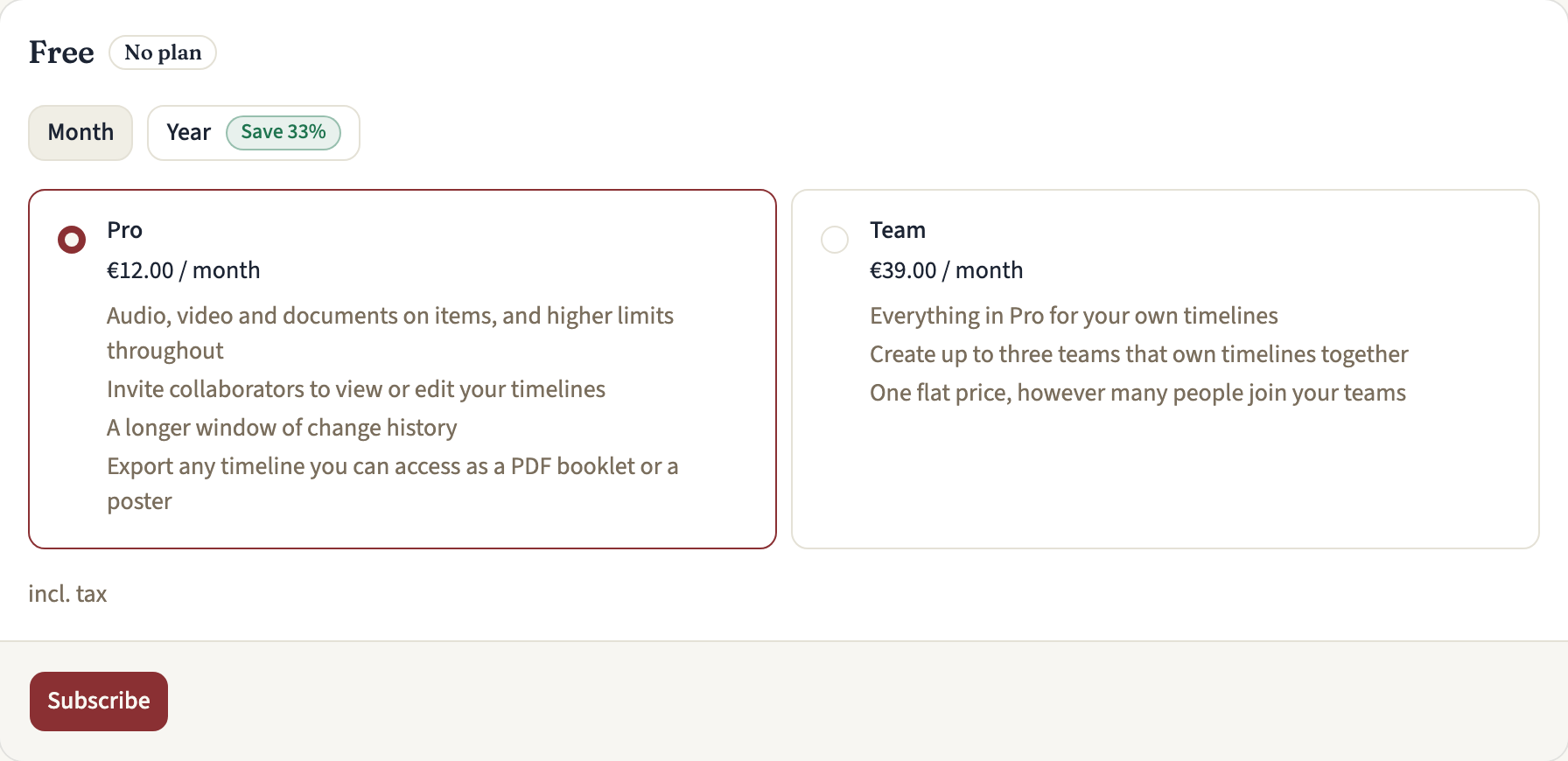 The plan card on Plan and billing for an account on Free, with Month and Year to choose from, Pro and Team each with its monthly price and what it includes, and a Subscribe button