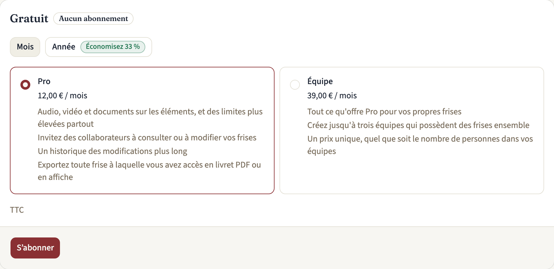 La carte d'abonnement dans Abonnement et facturation pour un compte Gratuit, avec le choix entre « Mois » et « Année », Pro et Équipe chacun avec son prix mensuel et ce qu'il inclut, et le bouton « S’abonner »
