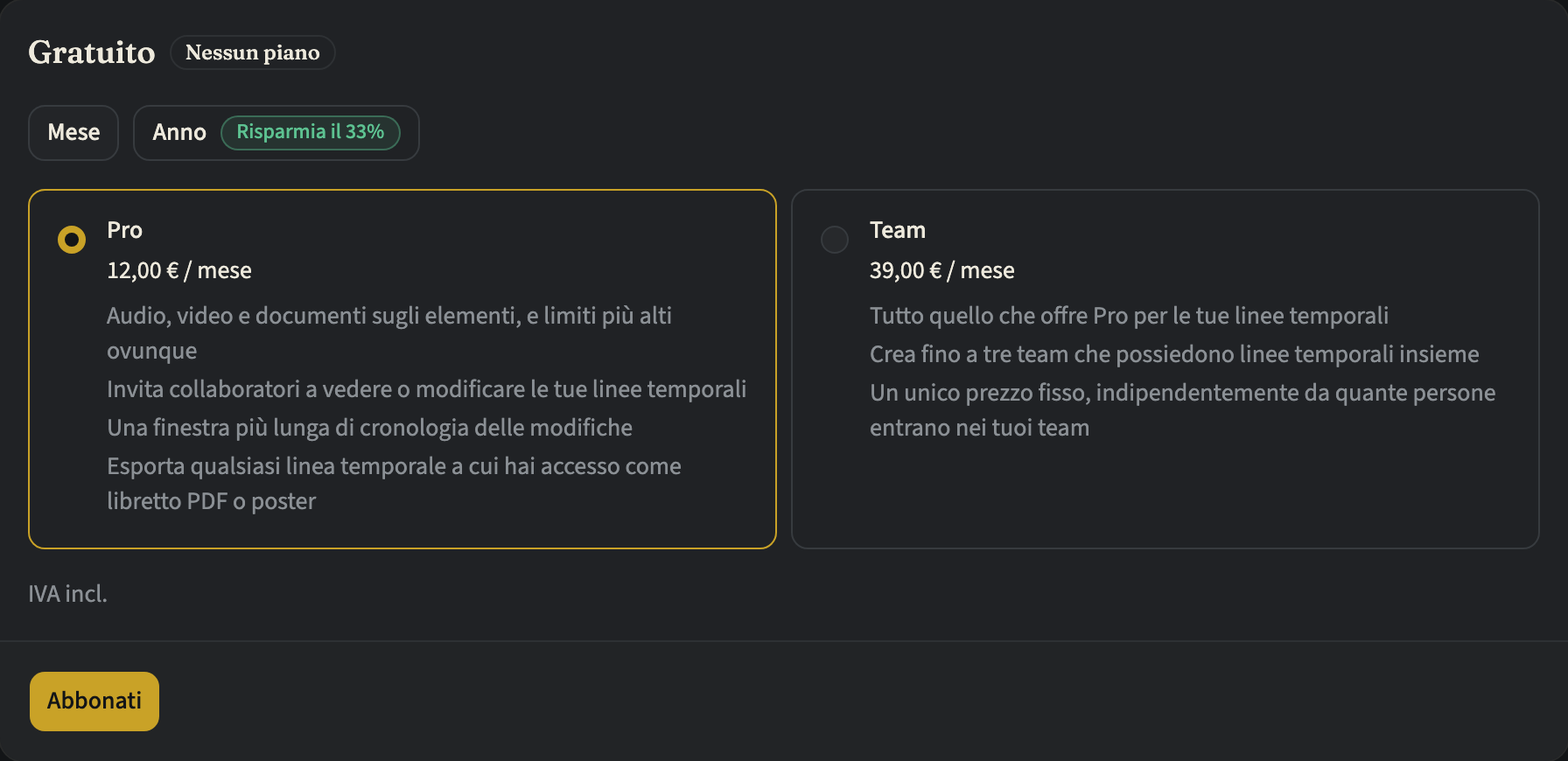 Il riquadro del piano in Piano e fatturazione per un account Gratuito, con Mese e Anno tra cui scegliere, Pro e Team ciascuno con il prezzo mensile e ciò che include, e un pulsante Abbonati