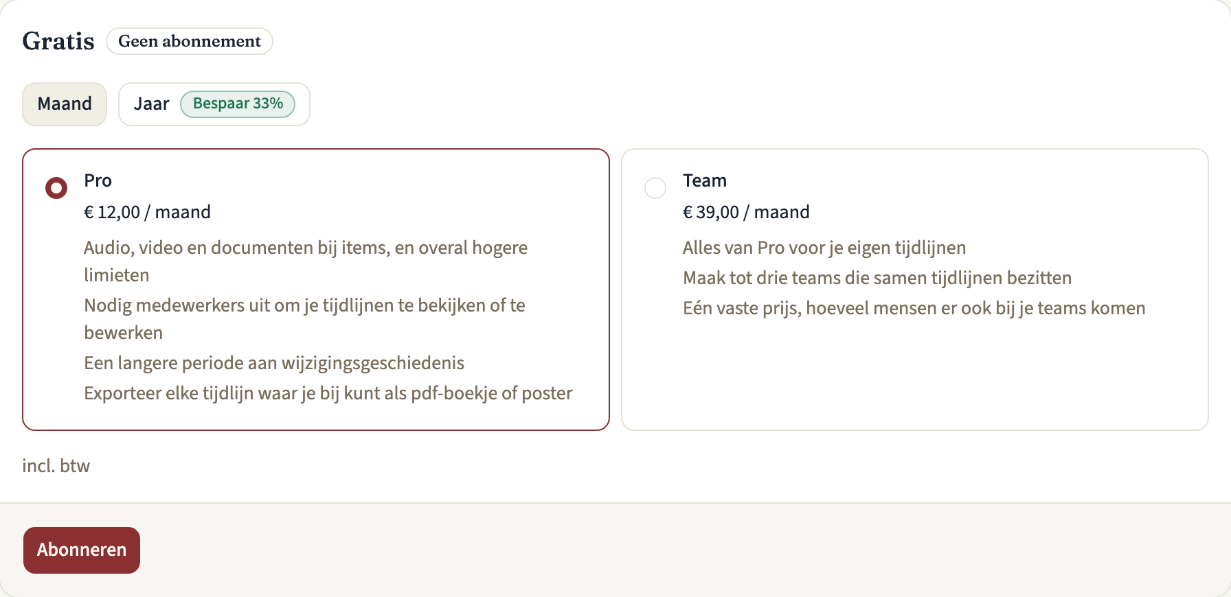 De abonnementskaart op Abonnement en facturering voor een account op Gratis, met Maand en Jaar om uit te kiezen, Pro en Team elk met hun maandprijs en wat erbij hoort, en een knop Abonneren