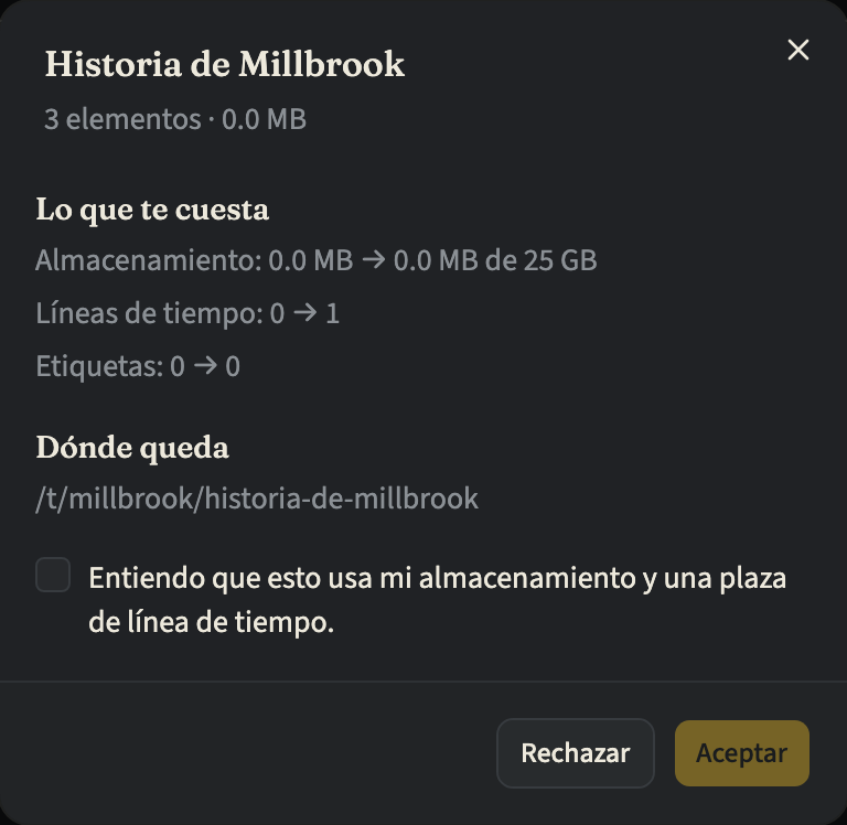 El diálogo para revisar una línea de tiempo ofrecida, con su número de elementos y su tamaño, lo que cuesta aceptarla en almacenamiento, líneas de tiempo y etiquetas, la dirección donde quedará, la casilla de confirmación aún sin marcar y los botones «Rechazar» y «Aceptar»