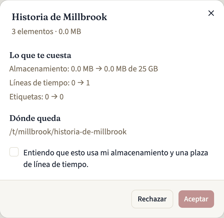 El diálogo para revisar una línea de tiempo ofrecida, con su número de elementos y su tamaño, lo que cuesta aceptarla en almacenamiento, líneas de tiempo y etiquetas, la dirección donde quedará, la casilla de confirmación aún sin marcar y los botones «Rechazar» y «Aceptar»