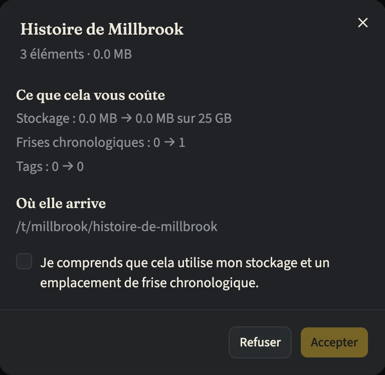 La boîte de dialogue d'examen d'une frise proposée, avec son nombre d'éléments et sa taille, ce que coûte l'acceptation en stockage, frises et tags, l'adresse où elle arrivera, la case de confirmation encore décochée et les boutons « Refuser » et « Accepter »