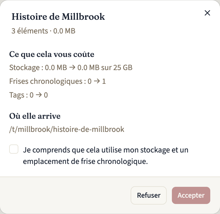 La boîte de dialogue d'examen d'une frise proposée, avec son nombre d'éléments et sa taille, ce que coûte l'acceptation en stockage, frises et tags, l'adresse où elle arrivera, la case de confirmation encore décochée et les boutons « Refuser » et « Accepter »