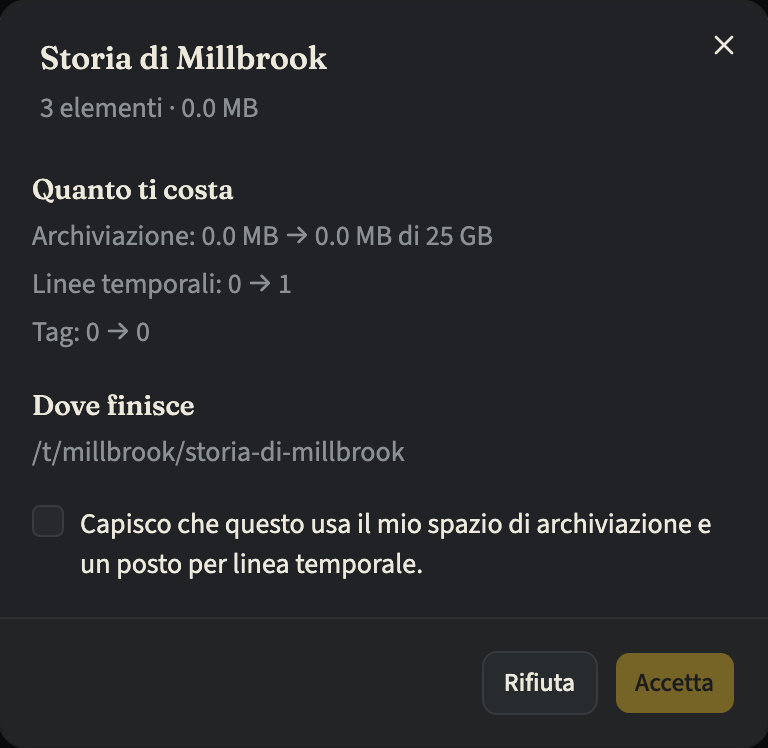 La finestra per esaminare una linea temporale offerta, con il numero di elementi e la dimensione, quanto costa accettarla in spazio di archiviazione, linee temporali e tag, l'indirizzo dove finirà, la casella di conferma ancora non spuntata e i pulsanti «Rifiuta» e «Accetta»