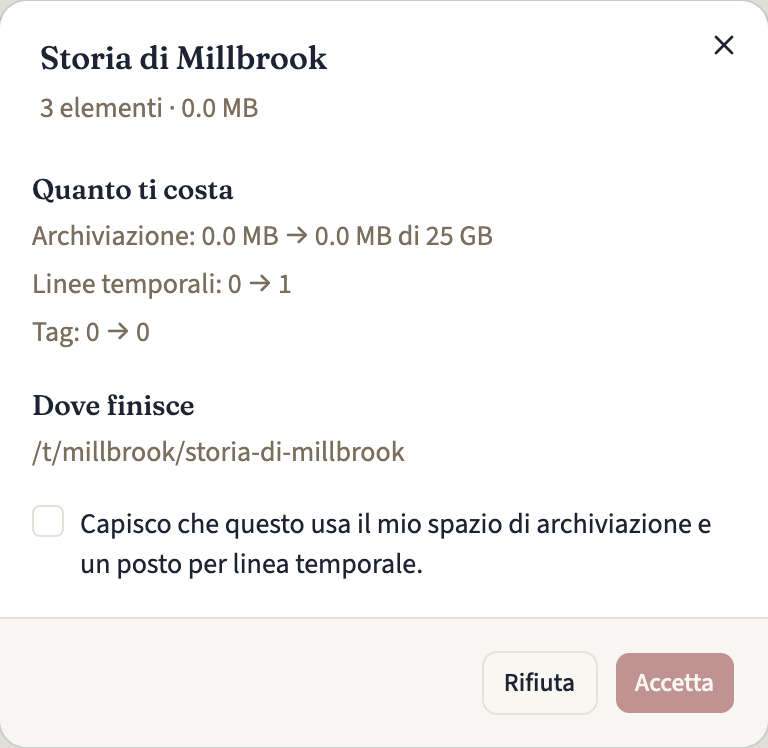 La finestra per esaminare una linea temporale offerta, con il numero di elementi e la dimensione, quanto costa accettarla in spazio di archiviazione, linee temporali e tag, l'indirizzo dove finirà, la casella di conferma ancora non spuntata e i pulsanti «Rifiuta» e «Accetta»