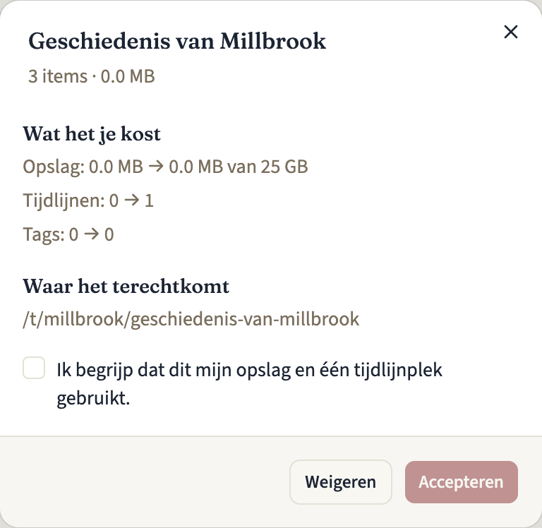 Het dialoogvenster voor het bekijken van een aangeboden tijdlijn, met het aantal items en de grootte, wat accepteren kost aan opslag, tijdlijnen en tags, het adres waar de tijdlijn terechtkomt, het nog niet aangevinkte vakje en de knoppen "Weigeren" en "Accepteren"