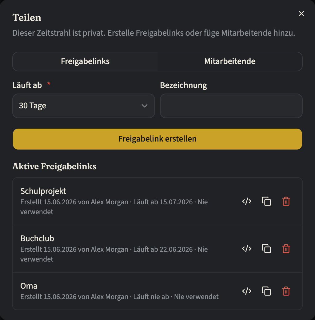 Der Bereich „Freigabelinks“ im Teilen-Dialog: oben das Formular für einen neuen Link, darunter drei aktive Freigabelinks, jeder mit seinem Ablaufdatum und einer Aktion „Widerrufen“