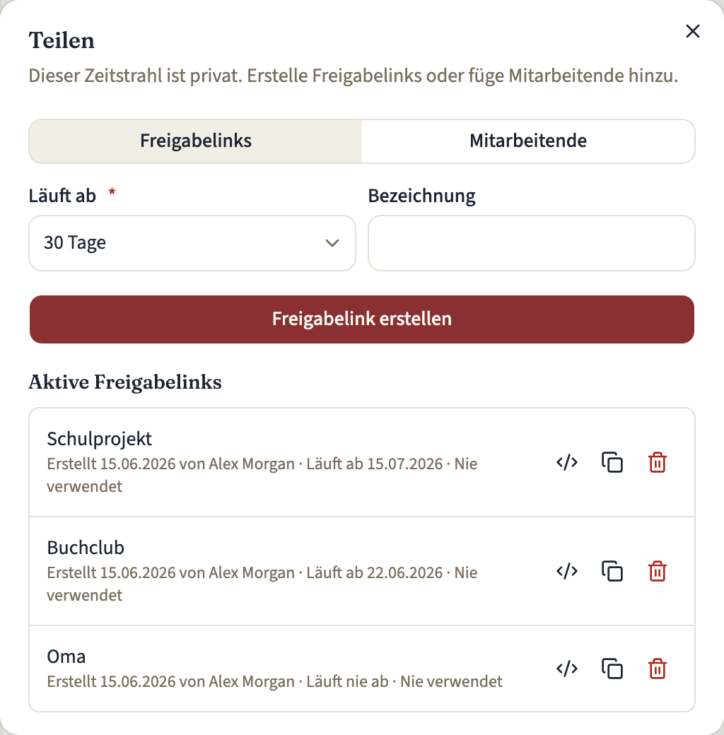 Der Bereich „Freigabelinks“ im Teilen-Dialog: oben das Formular für einen neuen Link, darunter drei aktive Freigabelinks, jeder mit seinem Ablaufdatum und einer Aktion „Widerrufen“