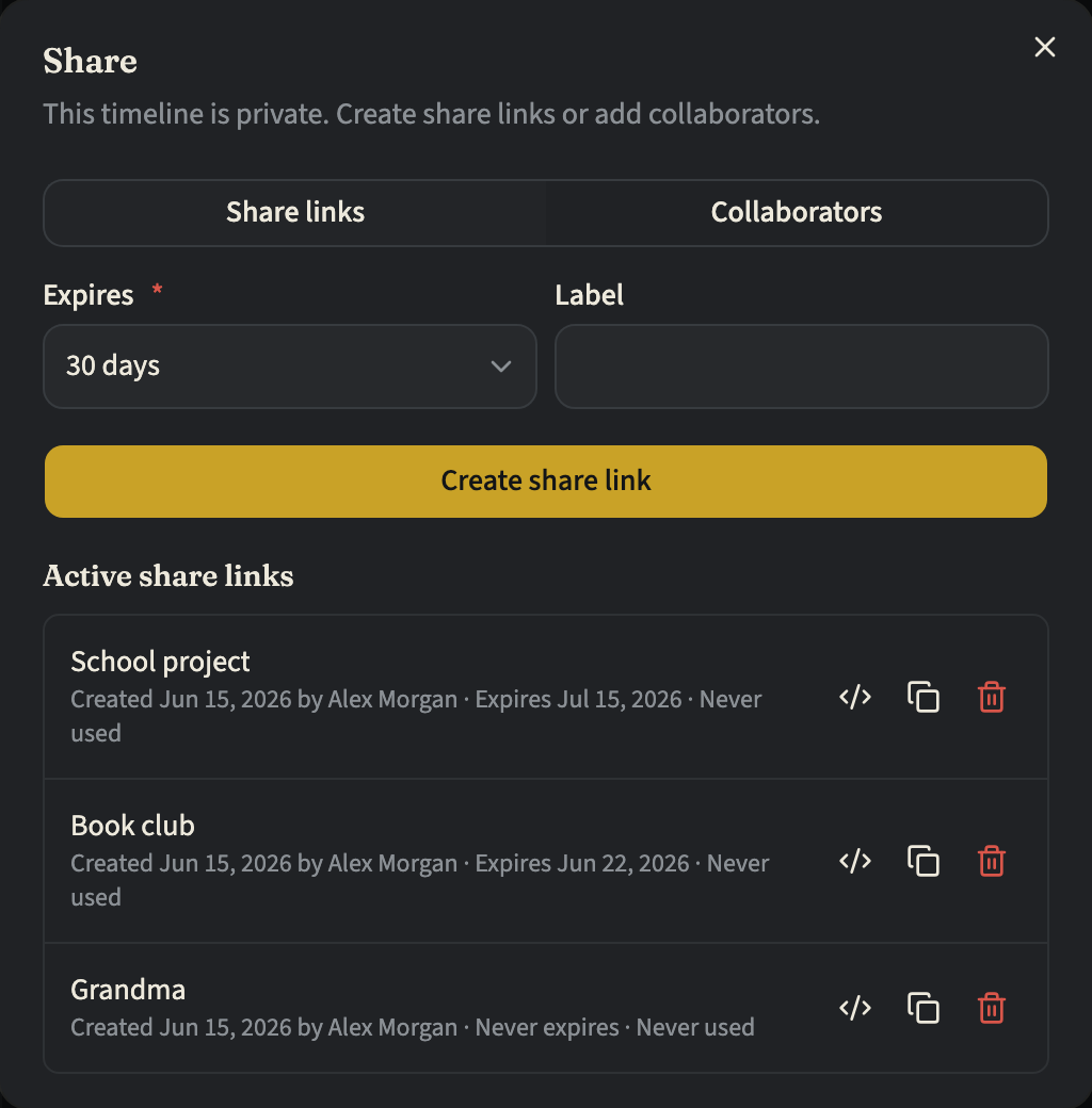 The Share dialog's Share links panel, with the form for a new link above three active share links, each with its expiry and a Revoke action