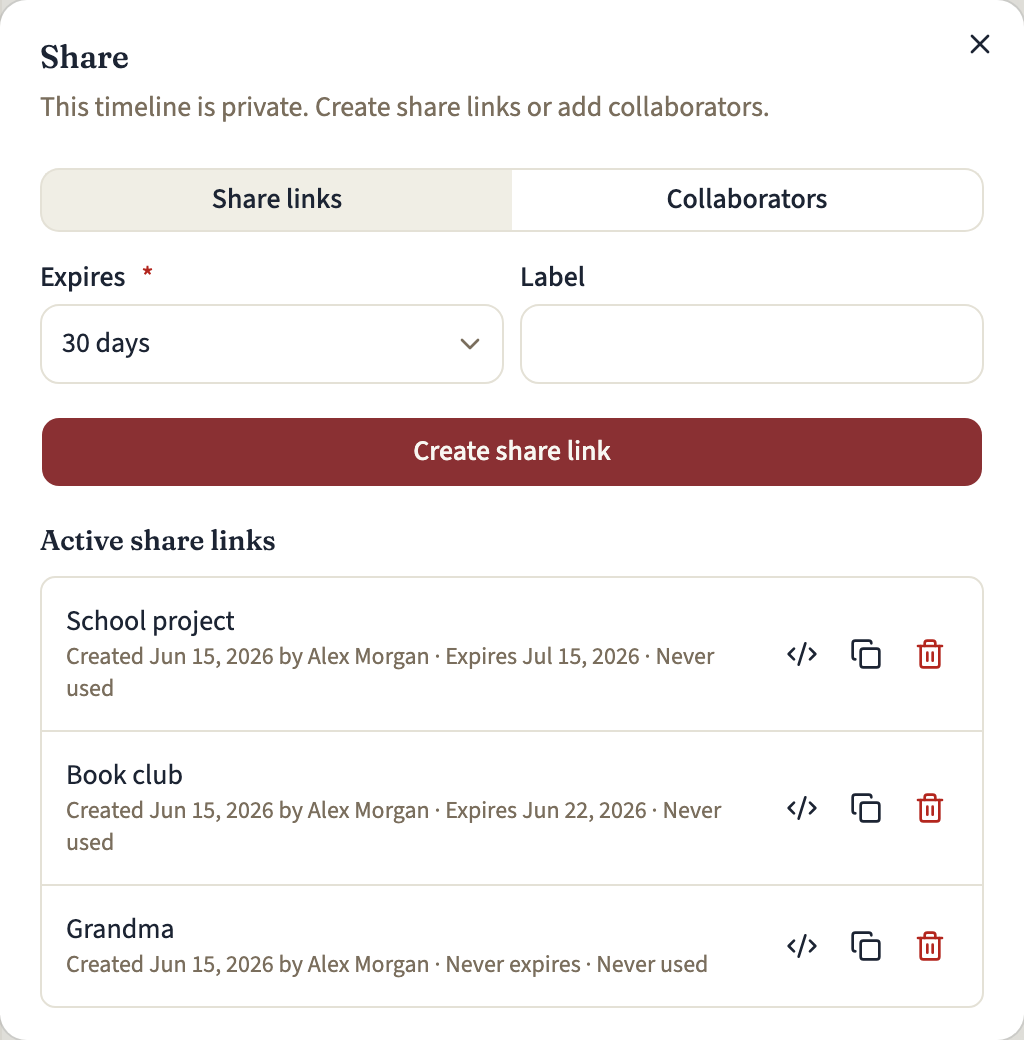 The Share dialog's Share links panel, with the form for a new link above three active share links, each with its expiry and a Revoke action