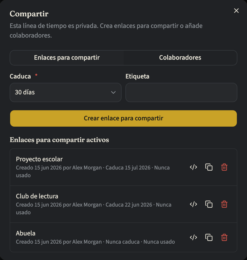El panel Enlaces para compartir del cuadro de diálogo Compartir, con el formulario para un enlace nuevo encima de tres enlaces activos, cada uno con su caducidad y una acción Revocar