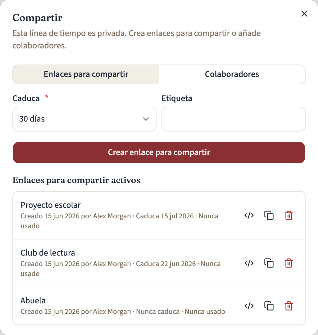 El panel Enlaces para compartir del cuadro de diálogo Compartir, con el formulario para un enlace nuevo encima de tres enlaces activos, cada uno con su caducidad y una acción Revocar