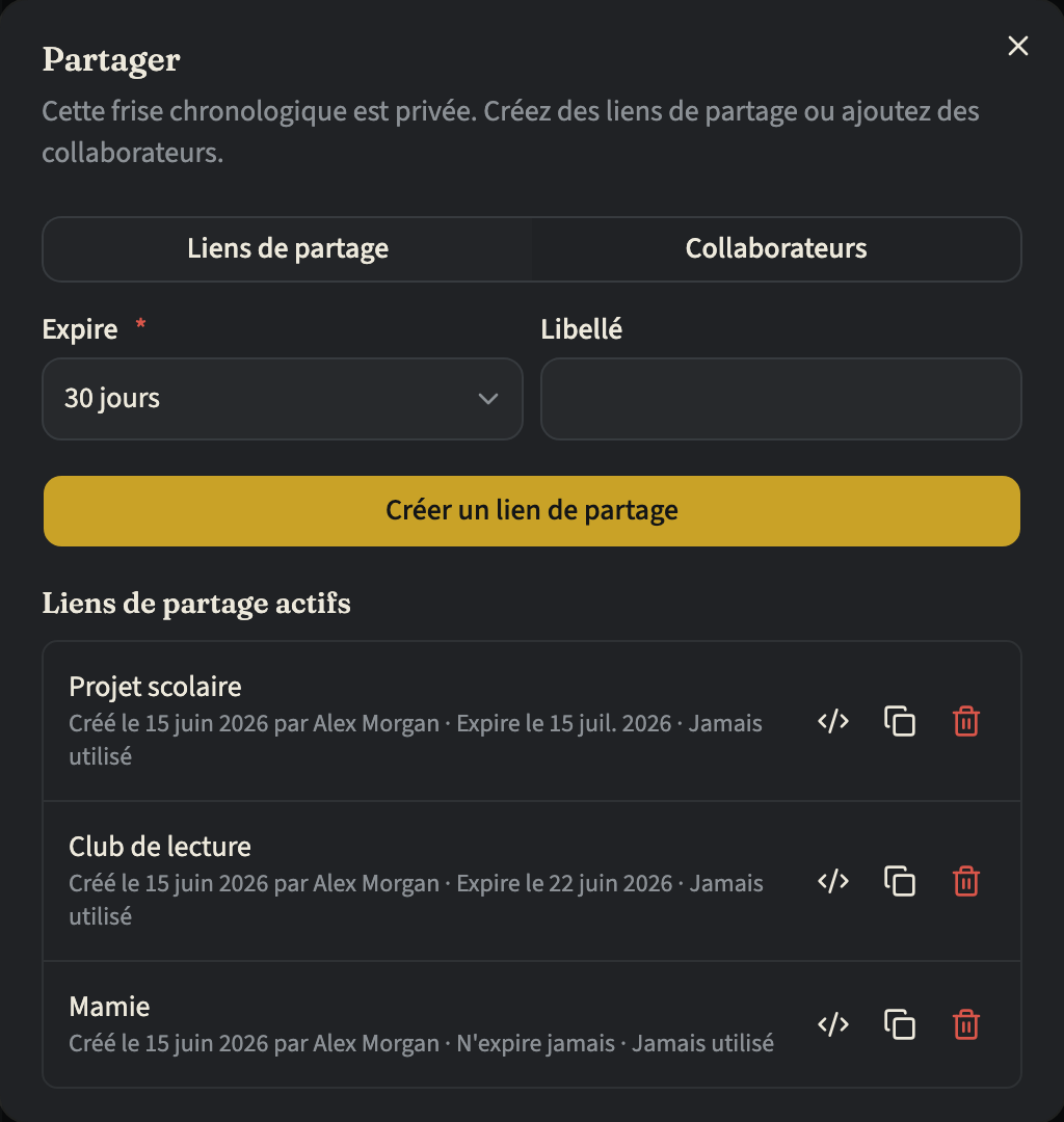Le panneau Liens de partage de la boîte de dialogue Partager, avec le formulaire d'un nouveau lien au-dessus de trois liens de partage actifs, chacun avec son expiration et une action Révoquer
