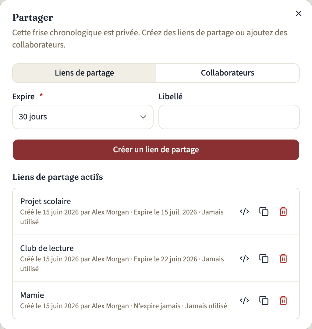 Le panneau Liens de partage de la boîte de dialogue Partager, avec le formulaire d'un nouveau lien au-dessus de trois liens de partage actifs, chacun avec son expiration et une action Révoquer