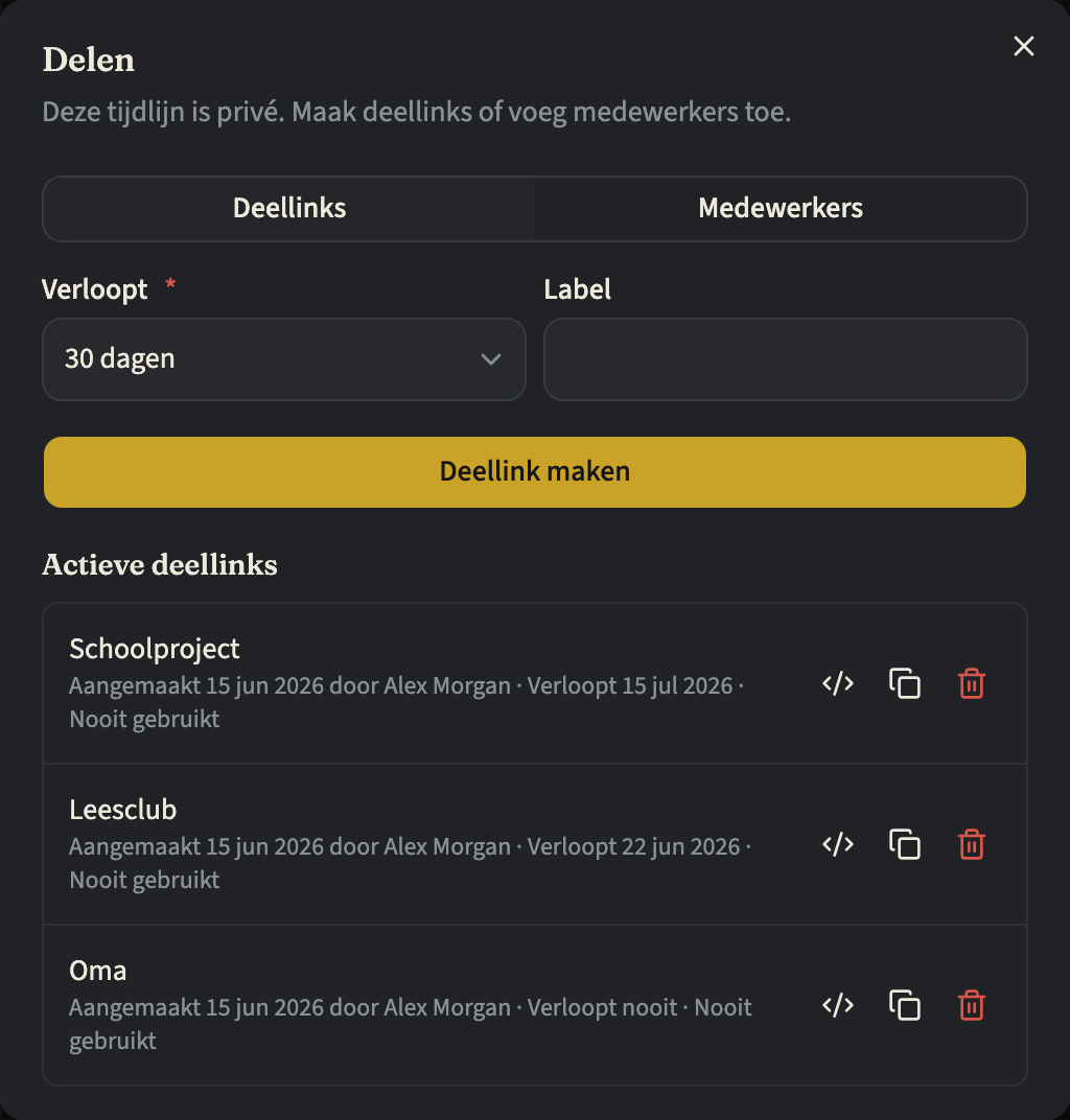 Het paneel Deellinks in het deelvenster, met het formulier voor een nieuwe link boven drie actieve deellinks, elk met de vervaldatum en een actie Intrekken