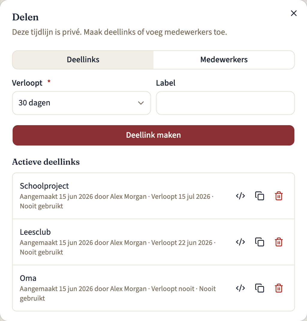Het paneel Deellinks in het deelvenster, met het formulier voor een nieuwe link boven drie actieve deellinks, elk met de vervaldatum en een actie Intrekken