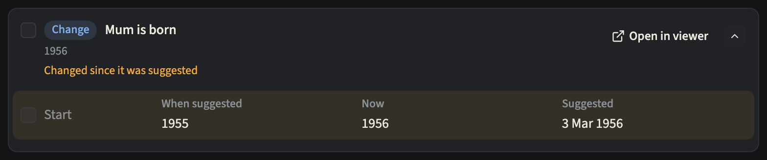 A change marked Changed since it was suggested, unticked, with the Start date When suggested, Now and Suggested