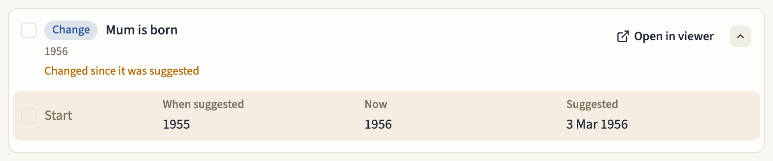 A change marked Changed since it was suggested, unticked, with the Start date When suggested, Now and Suggested