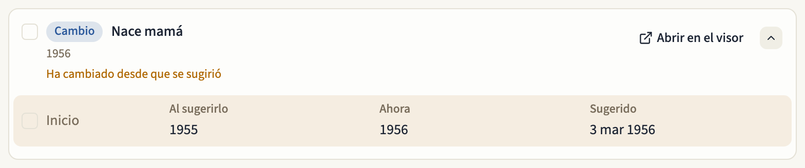 Un cambio con el aviso «Ha cambiado desde que se sugirió», sin marcar, con el inicio «Al sugerirlo», «Ahora» y «Sugerido»