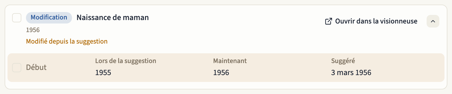 Une modification signalée « Modifié depuis la suggestion », décochée, avec le début « Lors de la suggestion », « Maintenant » et « Suggéré »
