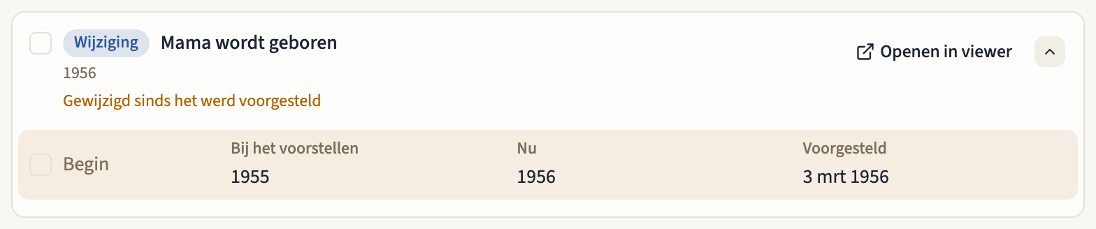 Een wijziging met de melding Gewijzigd sinds het werd voorgesteld, niet aangevinkt, met het begin Bij het voorstellen, Nu en Voorgesteld