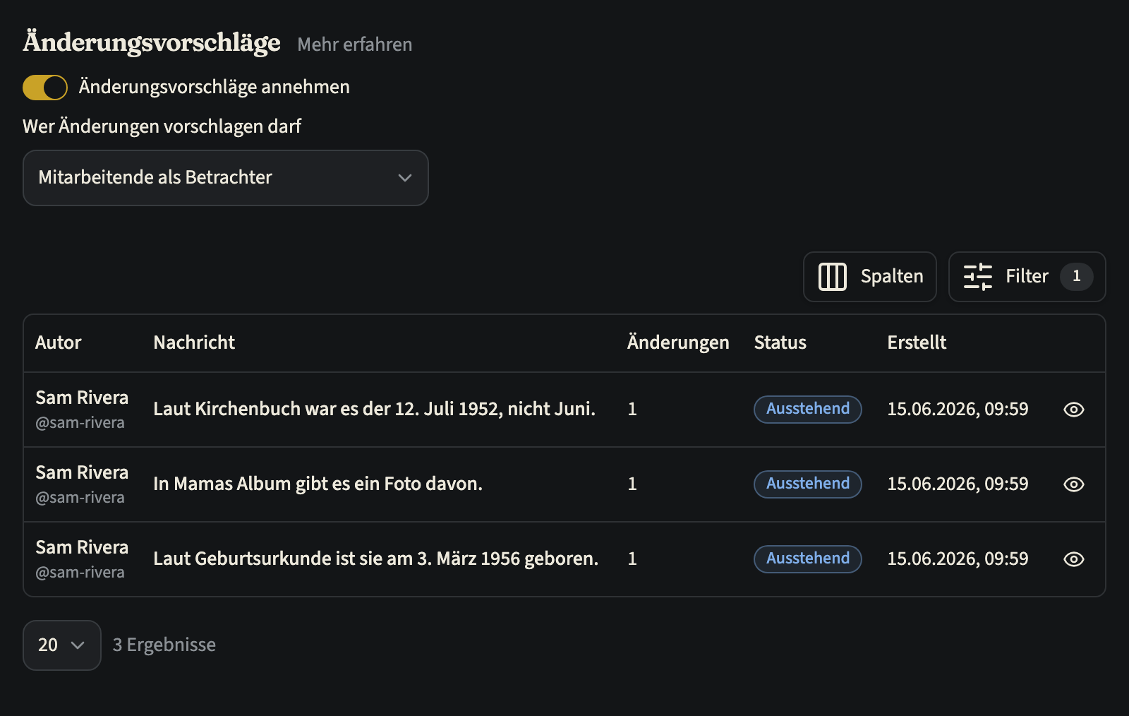 Der Tab „Vorschläge“ eines Zeitstrahls: die Einstellungen „Änderungsvorschläge“ mit „Wer Änderungen vorschlagen darf“ auf „Mitarbeitende als Betrachter“ und eingeschaltetem Schalter „Änderungsvorschläge annehmen“, darunter eine Tabelle mit drei ausstehenden Vorschlägen von Sam Rivera, jeweils mit Nachricht, Zahl der Änderungen, Status und Datum