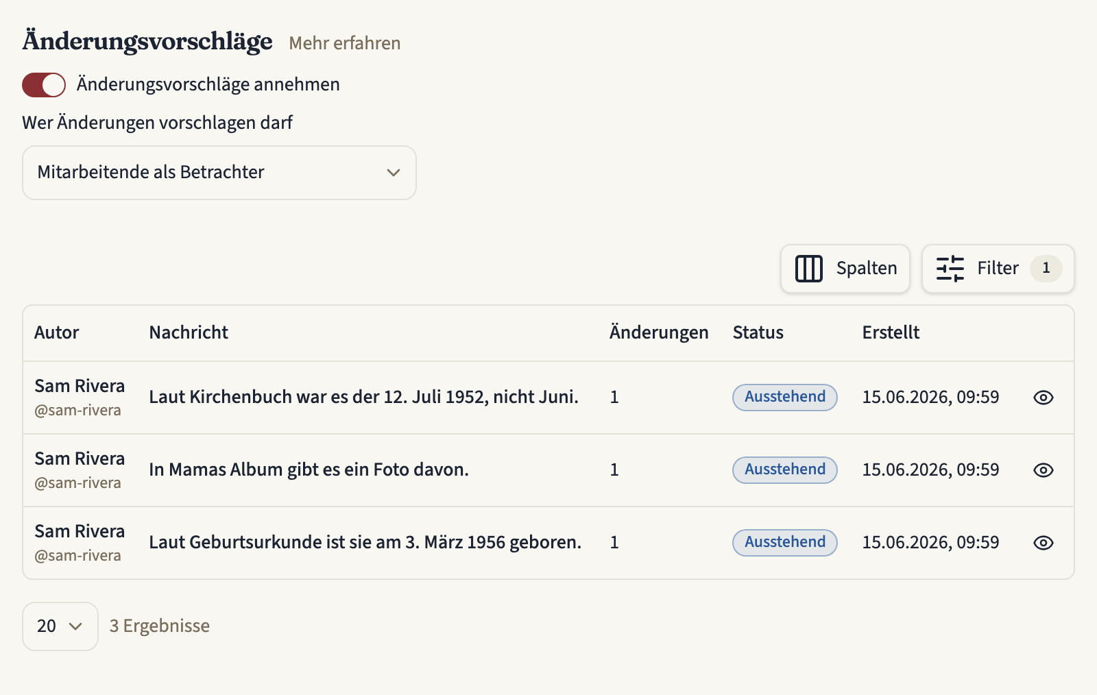 Der Tab „Vorschläge“ eines Zeitstrahls: die Einstellungen „Änderungsvorschläge“ mit „Wer Änderungen vorschlagen darf“ auf „Mitarbeitende als Betrachter“ und eingeschaltetem Schalter „Änderungsvorschläge annehmen“, darunter eine Tabelle mit drei ausstehenden Vorschlägen von Sam Rivera, jeweils mit Nachricht, Zahl der Änderungen, Status und Datum