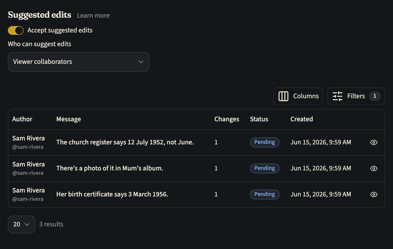 A timeline's Suggestions tab: the Suggested edits settings with Who can suggest edits set to Viewer collaborators and the Accept suggested edits switch turned on, above a table of three pending suggestions from Sam Rivera, each with its message, number of changes, status and date