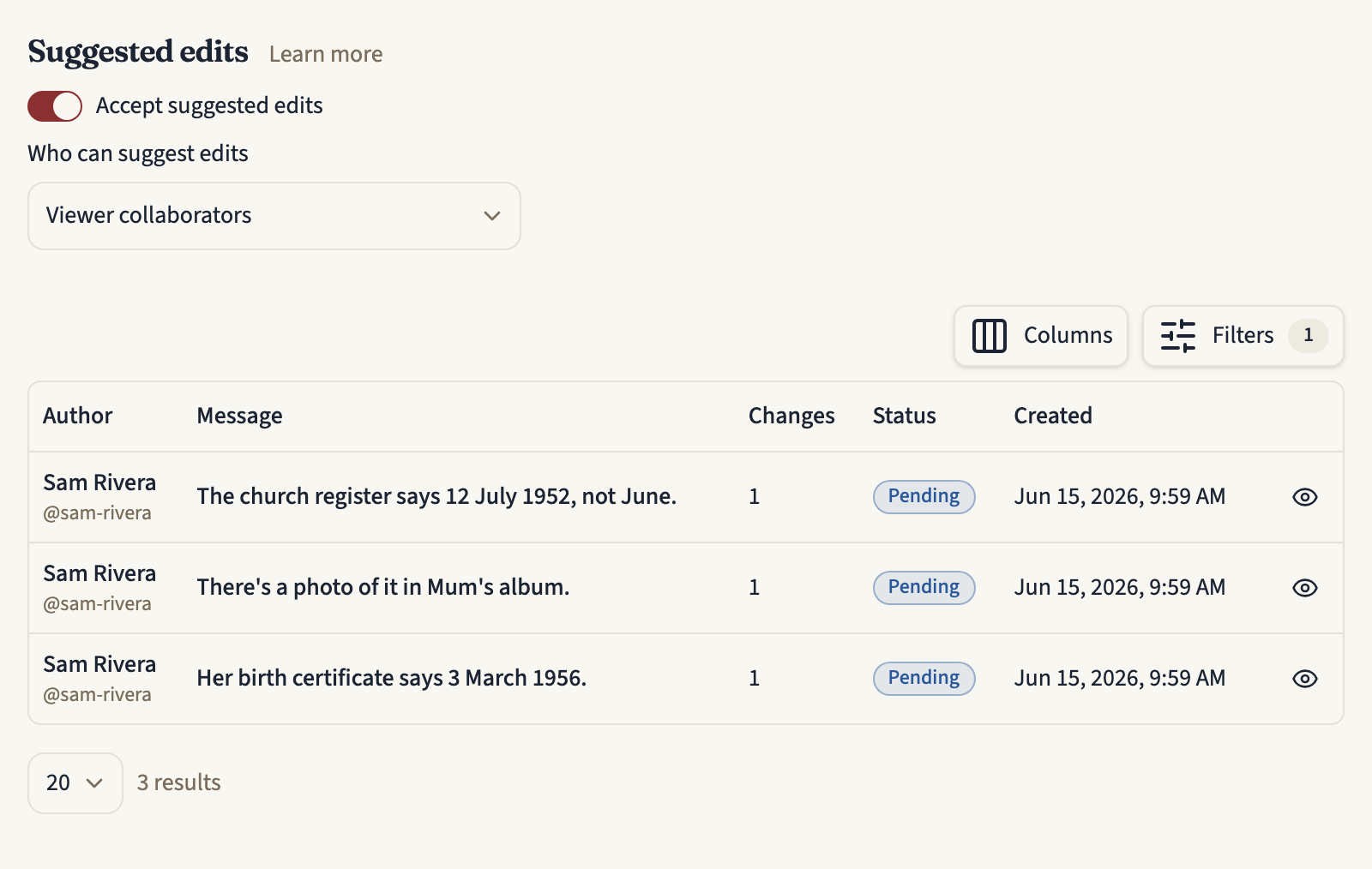 A timeline's Suggestions tab: the Suggested edits settings with Who can suggest edits set to Viewer collaborators and the Accept suggested edits switch turned on, above a table of three pending suggestions from Sam Rivera, each with its message, number of changes, status and date