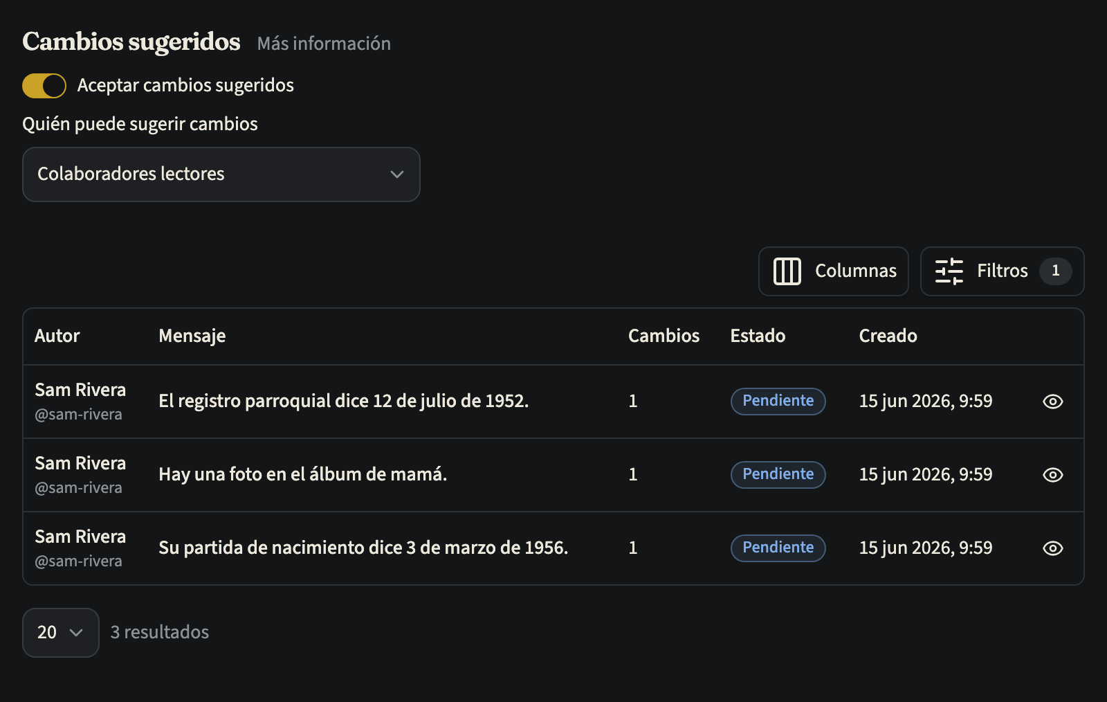 La pestaña Sugerencias de una línea de tiempo: los ajustes de Cambios sugeridos, con «Quién puede sugerir cambios» en «Colaboradores lectores» y el interruptor «Aceptar cambios sugeridos» activado, sobre una tabla con tres sugerencias pendientes de Sam Rivera, cada una con su mensaje, el número de cambios, el estado y la fecha