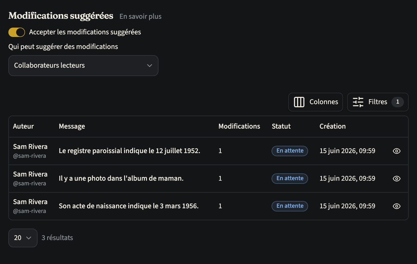 L'onglet Suggestions d'une frise : les réglages « Modifications suggérées », avec « Qui peut suggérer des modifications » sur « Collaborateurs lecteurs » et l'interrupteur « Accepter les modifications suggérées » activé, au-dessus d'un tableau de trois suggestions en attente de Sam Rivera, chacune avec son message, son nombre de modifications, son statut et sa date
