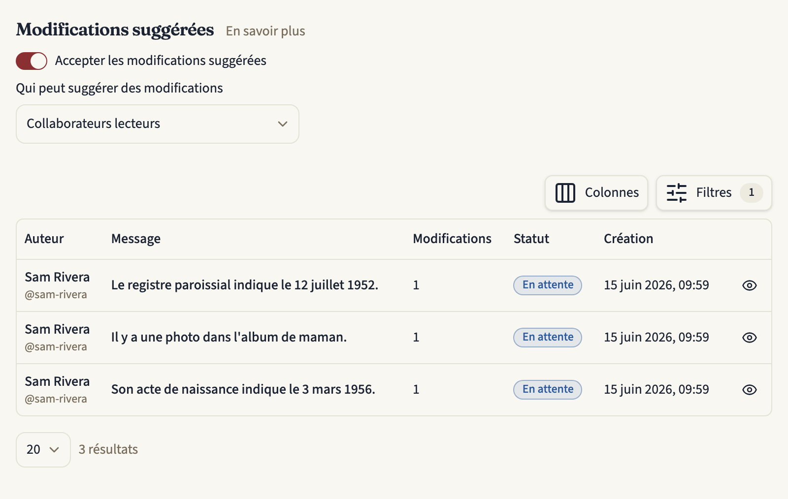 L'onglet Suggestions d'une frise : les réglages « Modifications suggérées », avec « Qui peut suggérer des modifications » sur « Collaborateurs lecteurs » et l'interrupteur « Accepter les modifications suggérées » activé, au-dessus d'un tableau de trois suggestions en attente de Sam Rivera, chacune avec son message, son nombre de modifications, son statut et sa date