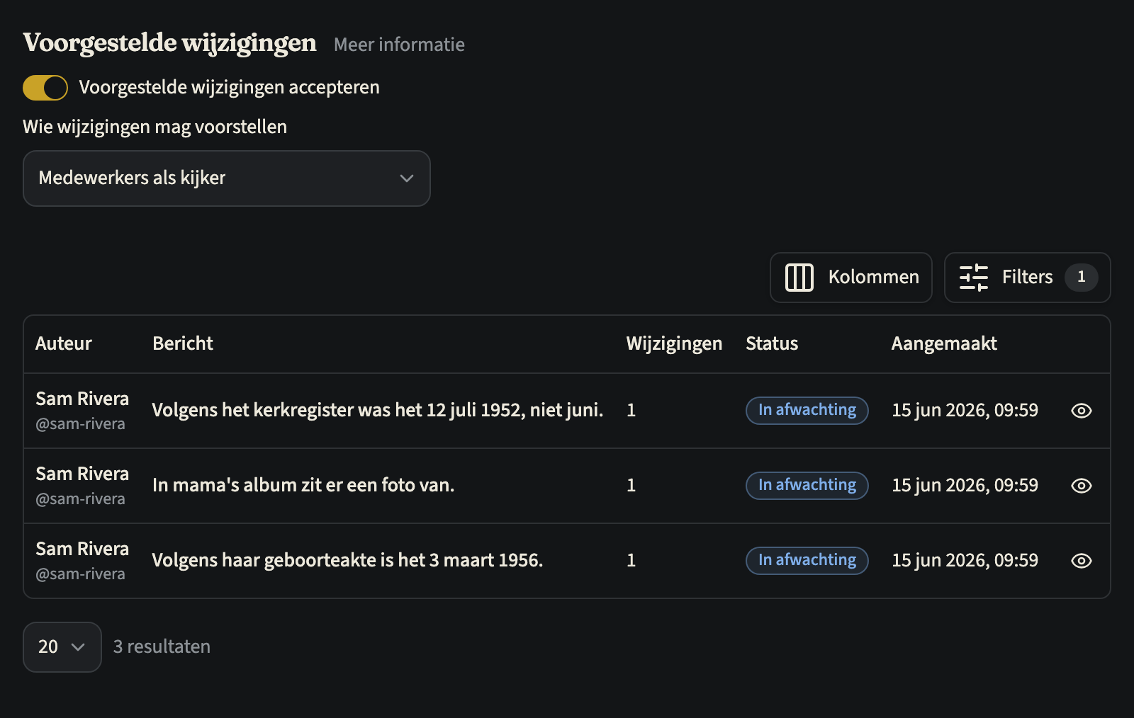 Het tabblad Suggesties van een tijdlijn: de instellingen Voorgestelde wijzigingen met Wie wijzigingen mag voorstellen op Medewerkers als kijker en de schakelaar Voorgestelde wijzigingen accepteren aan, boven een tabel met drie suggesties van Sam Rivera die in afwachting zijn, elk met bericht, aantal wijzigingen, status en datum