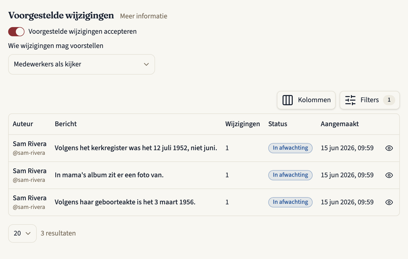 Het tabblad Suggesties van een tijdlijn: de instellingen Voorgestelde wijzigingen met Wie wijzigingen mag voorstellen op Medewerkers als kijker en de schakelaar Voorgestelde wijzigingen accepteren aan, boven een tabel met drie suggesties van Sam Rivera die in afwachting zijn, elk met bericht, aantal wijzigingen, status en datum