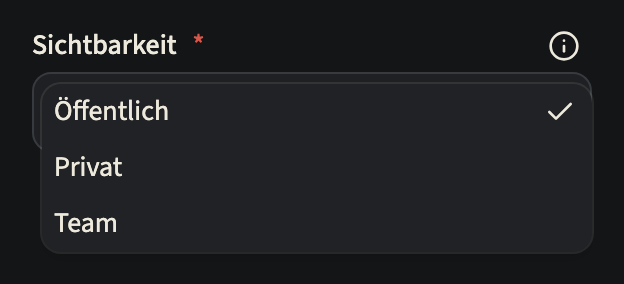 Das Feld „Sichtbarkeit“ im Tab „Details“ eines Zeitstrahls, aufgeklappt mit den drei Optionen „Öffentlich“, „Privat“ und „Team“