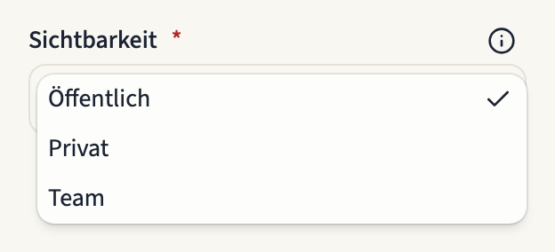 Das Feld „Sichtbarkeit“ im Tab „Details“ eines Zeitstrahls, aufgeklappt mit den drei Optionen „Öffentlich“, „Privat“ und „Team“