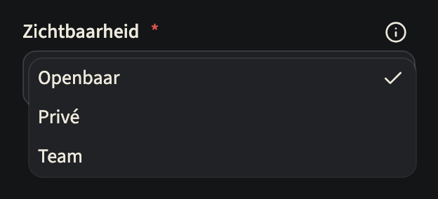 Het veld Zichtbaarheid op het tabblad Details van een tijdlijn, opengeklapt met de drie keuzes Openbaar, Privé en Team