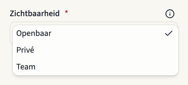 Het veld Zichtbaarheid op het tabblad Details van een tijdlijn, opengeklapt met de drie keuzes Openbaar, Privé en Team